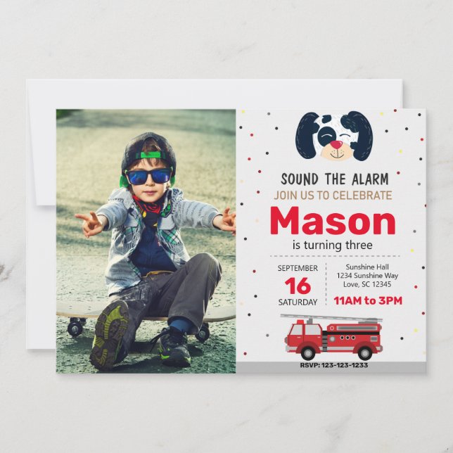 Red Fire Truck Birthday Invitation with photo (Front)