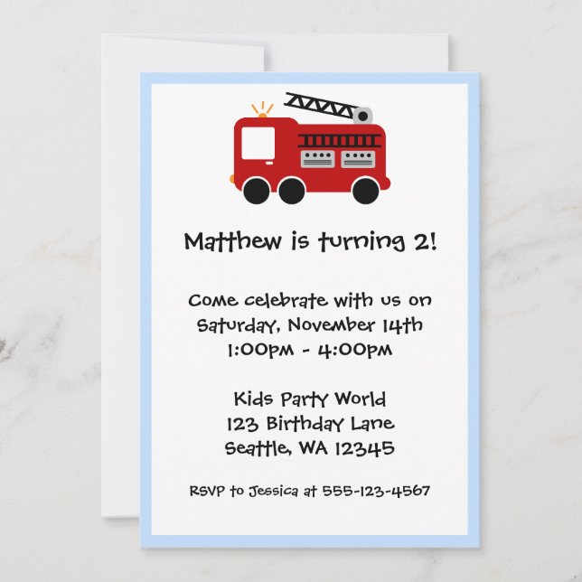Red Fire Truck Blue Border Birthday Boy Invitation (Front)