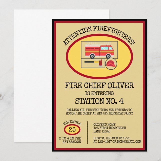 Red Fire Truck | Boys Themed Birthday Invitation (Front/Back)