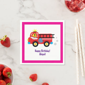Red Fire Truck Engine Firefighter Cartoon Design Napkin