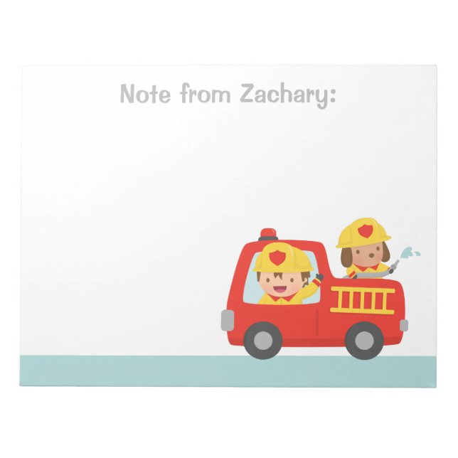 Red Fire Truck Fire fighter Boy and Puppy Notepad (Front)