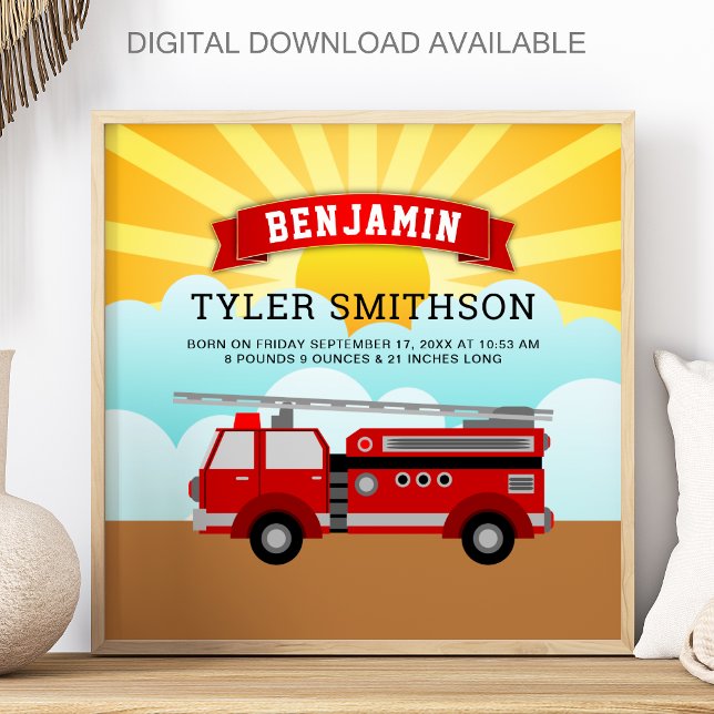 Red Fire Truck Firefighter Baby Birth Stats Poster (Creator Uploaded)