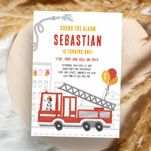 Red Fire Truck Firefighter Boy Birthday Invitation