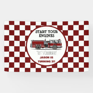 Red Fire Truck Fireman Boys Birthday Car party Banner