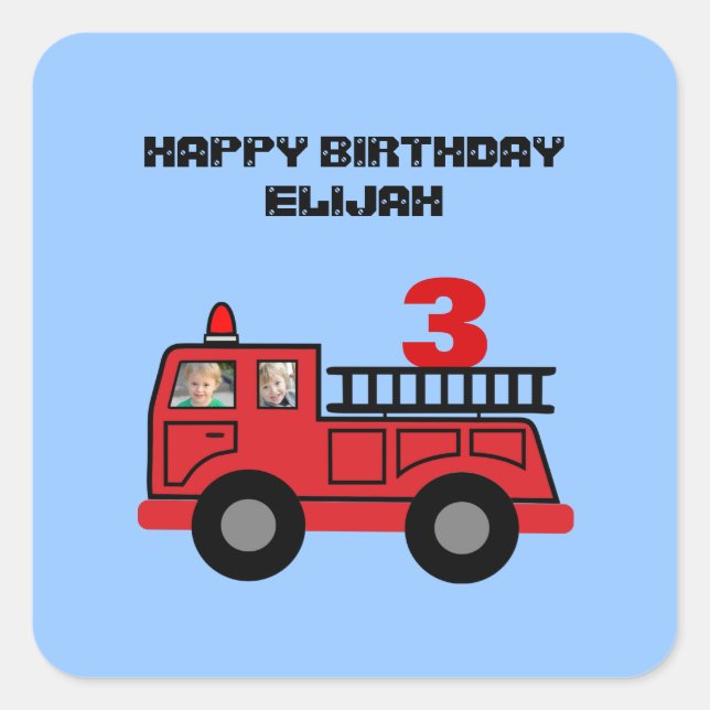 Red Fire Truck Kid's Birthday Photo Custom Party Square Sticker (Front)
