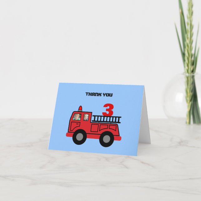 Red Fire Truck Kid's Birthday Photo Custom Thank Y Thank You Card (Front)
