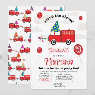Red Fire Truck Kids Firefighter Birthday Party Invitation