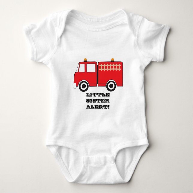 Red Fire Truck Little Sister Alert! Baby Bodysuit (Front)