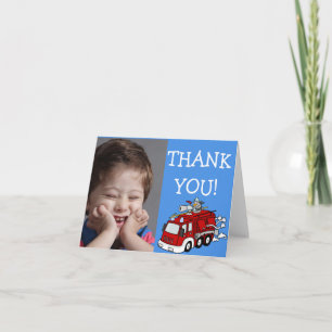 Red Fire Truck on Blue Thank You Note with Photo Card