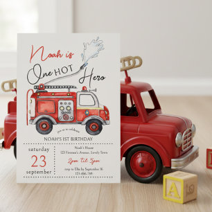 Red Fire Truck One Hot Hero 1st Birthday Invitation