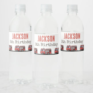 Red Fire Truck Party Décor | Custom Kids Birthday Water Bottle Label