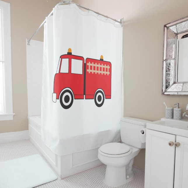 Red Fire Truck Shower Curtain (In Situ)