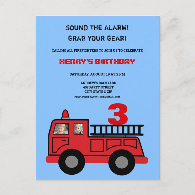 Red Fire truck two photo Birthday Party Invitation Postcard (Front)