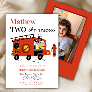 Red Fire Truck Two The Rescue 2nd Photo Birthday  Invitation