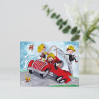Red fire truck with cute firefighters boys