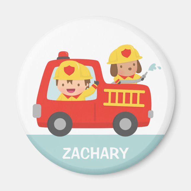 Red Fire Truck with Fire fighter Boy and Puppy Magnet (Front)