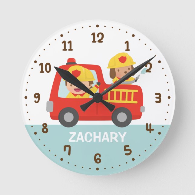 Red Fire Truck with Fire fighter Boys Room Decor Round Clock (Front)