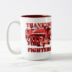 Red Fire Truck With Thankyou Fire Fighters Logo, Two-Tone Coffee Mug