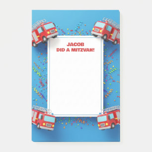 Red Fire Trucks Personalised Mitzvah Post-it Notes