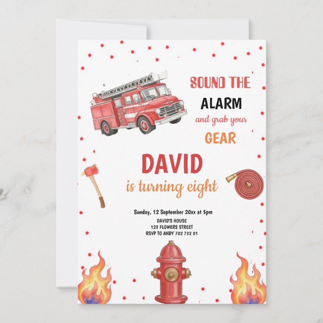 RED FIREFIGHTER BIRTHDAY PARTY INVITATION (Front)