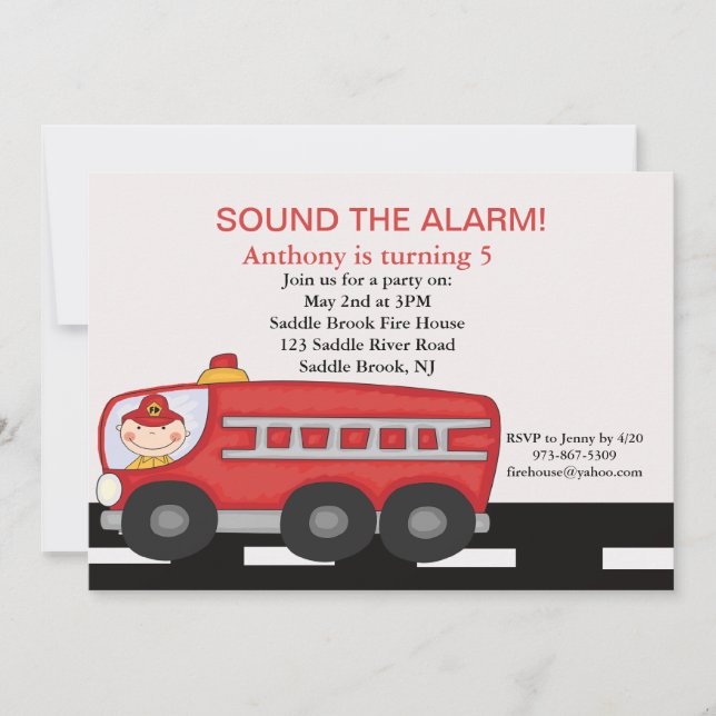 Red, Firetruck Boys  Birthday Invitation (Front)