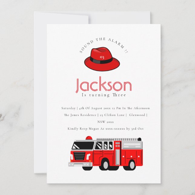 Red Firetruck Engine Kids Any Age Birthday Invite (Front)