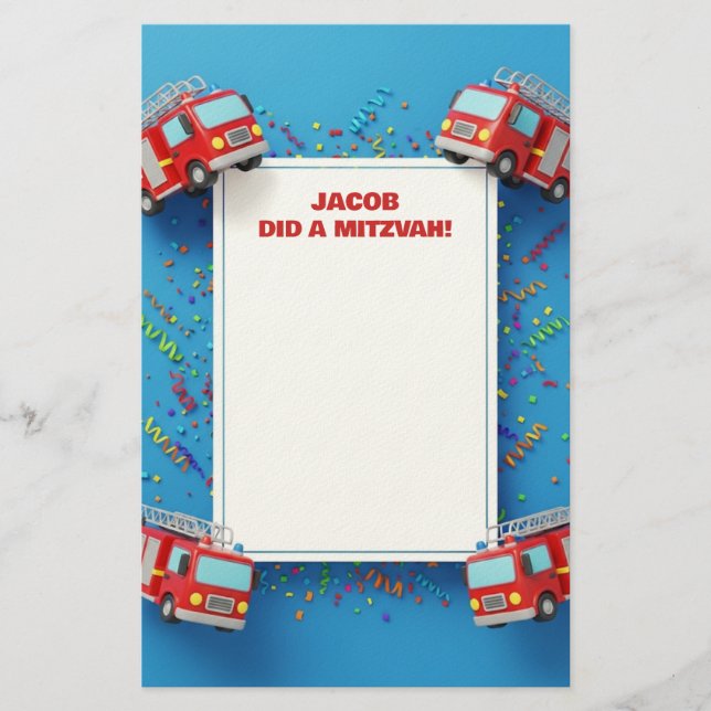 Red Firetrucks Customised Name Mitzvah Notes Stationery (Front)