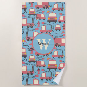 Red Firetrucks Firefighter Kids Personalised Beach Towel