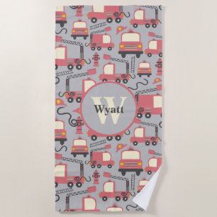 Red Firetrucks Firefighter Kids Personalised Beach Towel