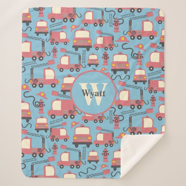 Red Firetrucks Firefighter Kids Personalised Sherpa Blanket (Front)