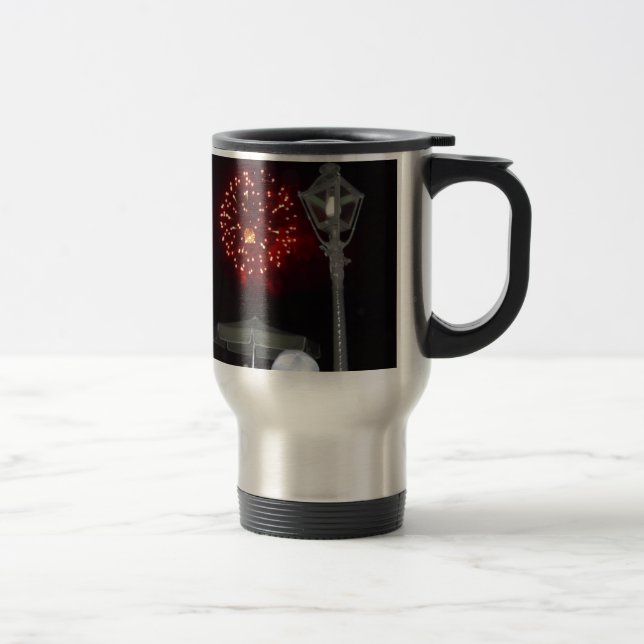Red Fireworks Celebration with Lamppost Image Travel Mug (Right)
