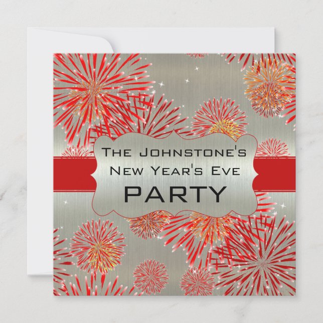 Red Fireworks on Silver New Year's Eve Party Invitation (Front)