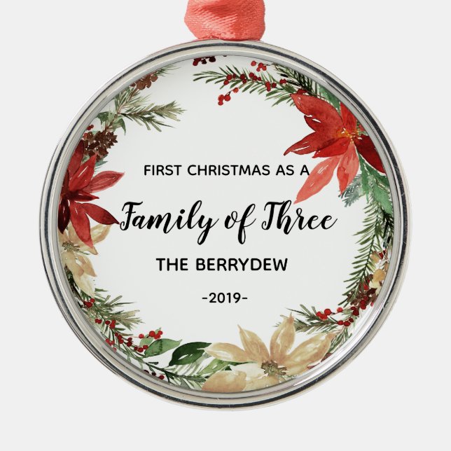 Red First Christmas as a Family of Three ornament (Front)