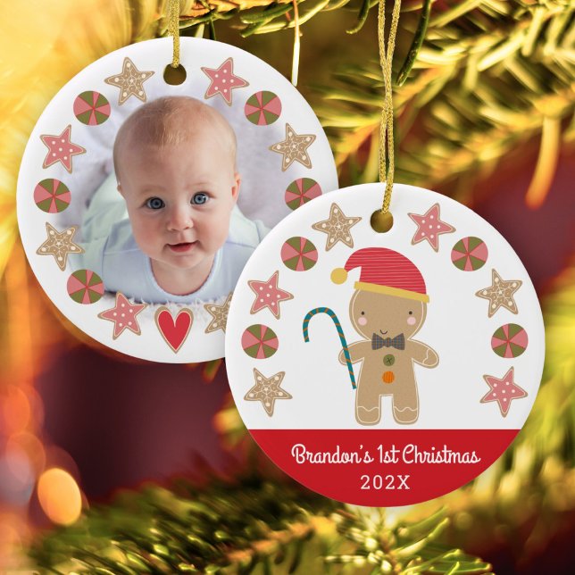 Red First Christmas Baby Photo Gingerbread Boy Ceramic Tree Decoration (Creator Uploaded)