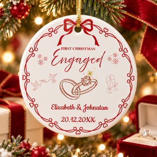 Red First Christmas Engaged Custom Names Date Ceramic Tree Decoration