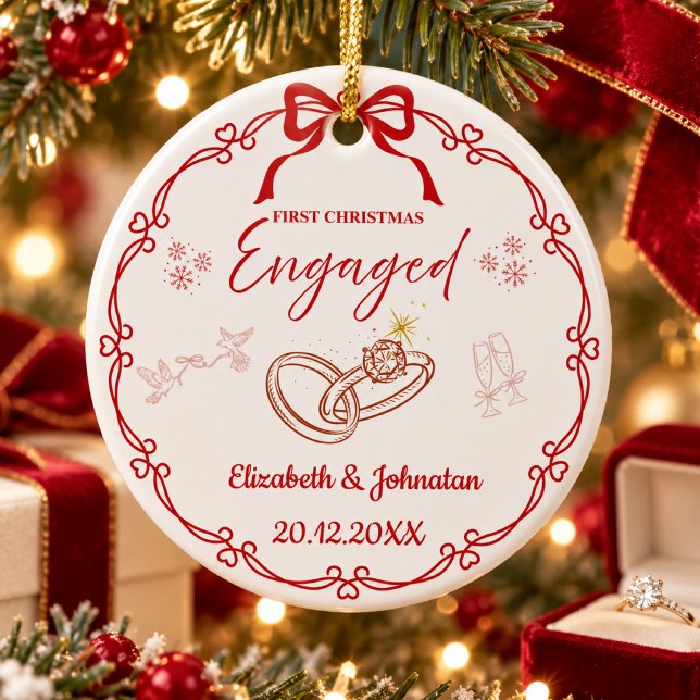 Red First Christmas Engaged Custom Names Date  Ceramic Tree Decoration (Creator Uploaded)