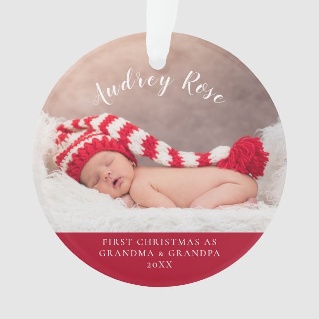 Red| First Christmas Grandma & Grandpa Photo Ornament (Front)