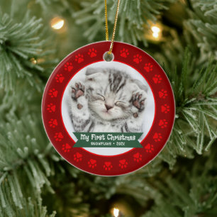 Red First Christmas Pet Kitten Photo Paws Custom Ceramic Tree Decoration