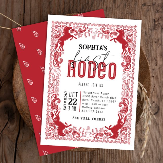Red First Rodeo Birthday Invitation – Western Cowb (Red Country Western Birthday Invite)