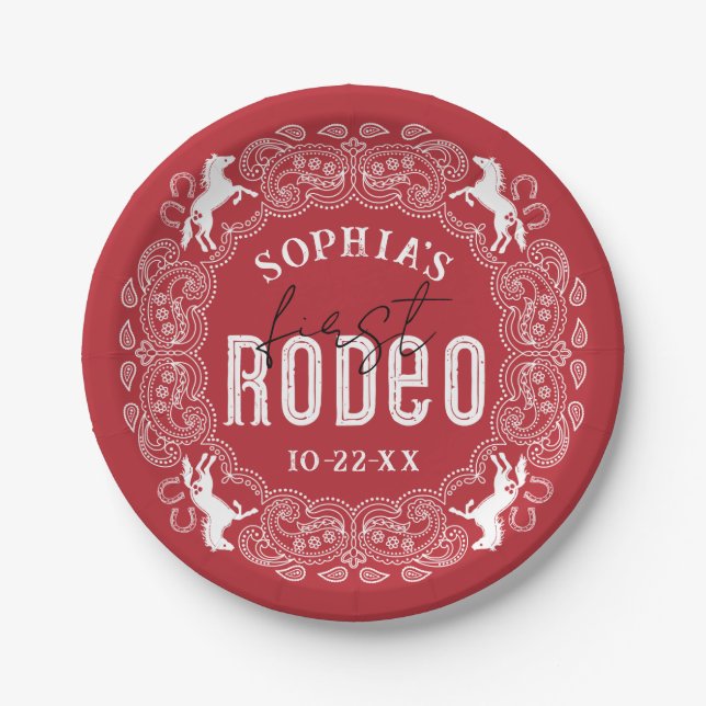 Red First Rodeo Birthday Paper Plates – Western Co (Front)