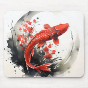 Red Fish Ink Painting Mouse Pad