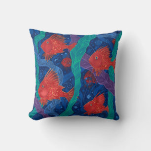 Red Fish, Seaweed Sea Ocean Animals Underwater Art Cushion