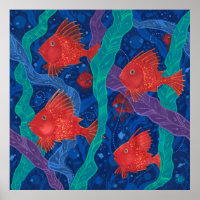 Red Fish, Seaweed Sea Ocean Animals Underwater Art