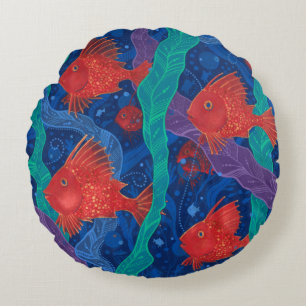 Red Fish, Seaweed Sea Ocean Animals Underwater Art Round Cushion