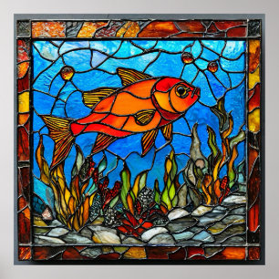 🐟 Red Fish Stained Glass Art Gift For Home 🎁 Poster