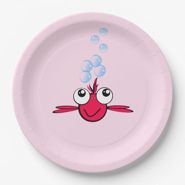 Red Fish with Big Eyes Cartoon Illustration Paper Plate (Front)
