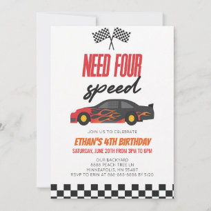 Red Flame Race Car 4th Birthday Invitation