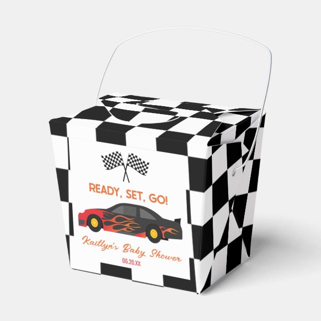 Red Flame Race Car Ready Set Go Baby Shower Favour Box (Front Side)