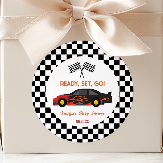 Red Flame Race Car Ready Set Go Baby Shower Favour Classic Round Sticker (Creator Uploaded)