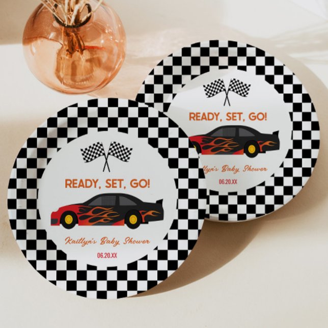 Red Flame Race Car Ready Set Go Baby Shower Paper Plate (Creator Uploaded)